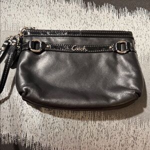 Coach Penelope Black Leather Wristlet with Silver Accents